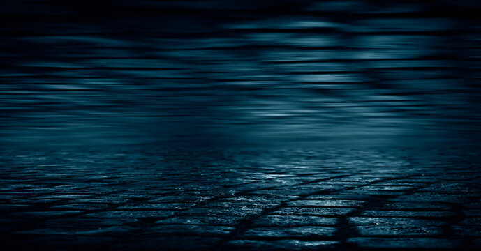Dark street, wet asphalt, reflections of rays in the water. Abstract dark blue background, smoke, smog. Empty dark scene, neon light, spotlights. Concrete floor - Powered by Adobe