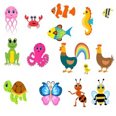 Obraz premium Cute animals set illustration, vector collection: farm animals,sea animals wild animals, 