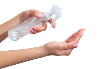 Hand disinfection. Lady's hand takes alcohol disinfectant spray on her hands. to prevent a viral epidemic. Isolated on a white background. Flu Prevention Properly clean and disinfect hands.
