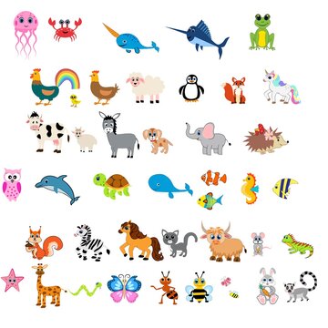 Cute animals set illustration,  vector collection: farm animals,sea animals wild animals, 