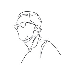 Linear portrait male face in glasses. Head man in minimal style. Continuous line. Promotion logo design for eyeglass store, vision health clinic, male stylist and hairdresser. 