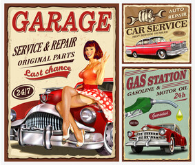 Set of vintage car metal signs,Garage, Filling Station retro poster.
