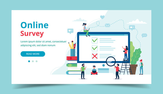 Survey online of customer satisfaction. Computer screen with ticks and crosses. Small people characters. Vector illustration in flat style
