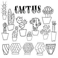 Vector set of cute black and white cacti and pots isolated on a white background. Houseplant. Hand-drawn ink illustration, line drawing, home decor. Doodle style.