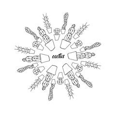 Vector set of cute black and white cacti. Cacti stand in a circle forming a pattern. Isolated on a white background. Houseplant. Hand-drawn ink illustration, line drawing, Doodle style.