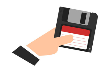 Floppy disk in hand, Magnetic diskette. Digital data device. Flat style. White background