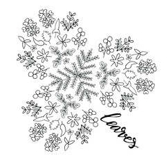 A clover leaf consists of leaves, grasses, and branches. St. Patrick's day. Natural elements for greeting and wedding cards, posters, stickers and design, coloring pages for children.