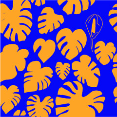 Cute pattern in blue and orange. Exotic tropical monstera leaves. Minimalism. Modern decor. Vector.