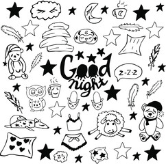 Go to sleep vector sketch set black line Doodle icons vector illustration isolated on white background. Hand drawing.  Good night collection of characters with cute toys, pillows, and feathers
