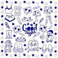 Go to sleep vector sketch set black line Doodle icons vector illustration isolated on white background. Hand drawing.  Good night collection of characters with cute toys, pillows, and feathers