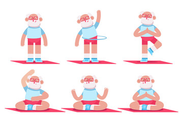 Cute elderly man doing yoga and fitness exercises. Funny vector cartoon characters set isolated on a white background.