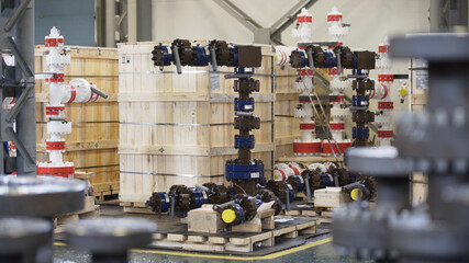 Oil and Gas Wellhead tree equipment production plant. Modifications of wellhead fittings. Modern...