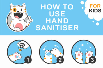 How to sanitize your hands instruction for kids with cat paw vector concept illustration.