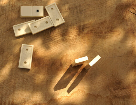 Domino Chips Stand On A Wooden Board View From Above, Gambling Interesting Game   