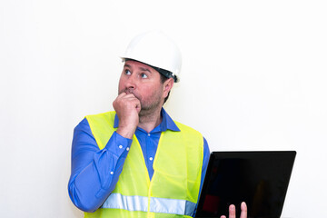 Attractive caucasian Technician Holding Laptop Over White Background.Makes all kinds of grimaces-eyes closed, upset, thinking, shows thumb up, and ok gesture...