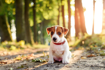 A small white dog puppy breed Jack Russel Terrier with beautiful eyes in sunny park with old trees. Dogs and pet photography