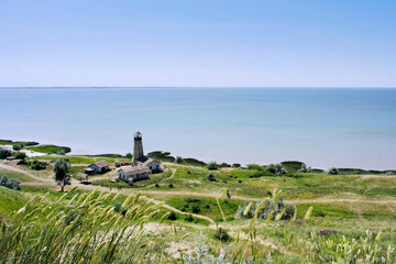 View of the lighthouse and the Azov Sea coast near the village of Merzhanovo