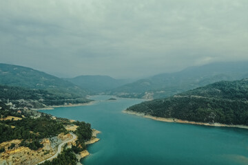 Water reservoir landscape with mountains, Dimcay, Alanya, Antalya, Turkey. Vacation holiday recreation, travel concept
