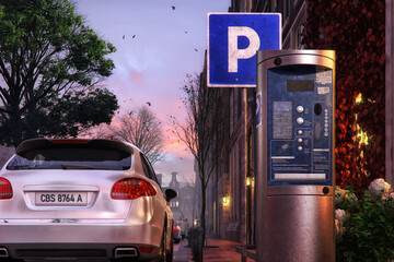 Parking ticket machine meter, cars, parking sign on a city street. Urban electronic payment parking device meter lot with solar panel on town road 3D illustration. Self service car parking pay image