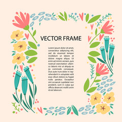 Abstract frame with flowers and leaves, vector pattern. Floral vintage borders for text on a pink background. Spring holiday poster, wedding invitation, article scandinavian style design idea 