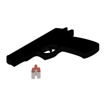 Pistol Gun And Bullets Isometric View Isolated On White Background. Weapon Handgun