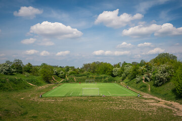 Soccer field in Fort V "Wlochy" at sunny day in Warsaw, Poland