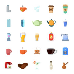 Fototapeta na wymiar drinks flat icon set, with beer, coffee, milk box, soda, energy drink, cup of coffee, kettle, tea