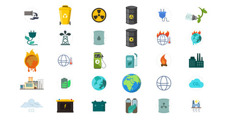 Eco flat icon set with, chemical waste, nuclear pollution, battery, global warming, factory, alternative energy, energy saving bulb