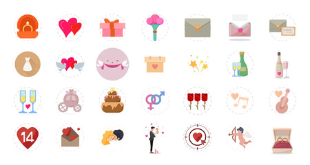 love flat icon set with wedding icons, love doves, love couple, love message