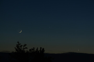 Photo of the new moon and planets of Mercury and Venus in the evening sky after sunset.