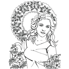 Stylized vector drawing of a young girl surrounded by an ornament of wild rose flowers. The Style Of Art Deco. Fly style.  Coloring book for adults, children