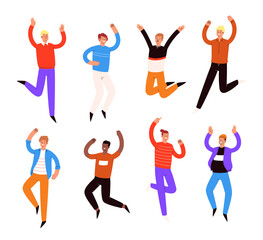 Set of young happy laughing people jumping with raised hands in various poses. Joyful positive men and women rejoicing together, happiness, freedom, motivation concept. Colored vector illustration