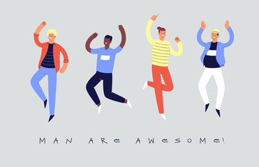 Set of young happy laughing boys jumping with raised hands in various poses. Joyful positive men rejoicing together, happiness, freedom, motion concept. Colored vector illustration with quote