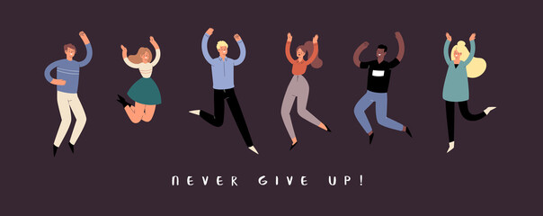Set of young happy laughing people jumping with raised hands in various poses. Joyful positive men and women rejoicing together, happiness, freedom, motivation concept. Colored vector illustration