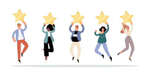 Happy people are holding 5 golden stars over the heads. Customer product or service  feedback, clients choices ratings and satisfaction review, user experience, assessment concept. Vector Illustration