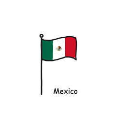 hand drawn sketchy Mexico flag on the flag pole. three color flag . Stock Vector illustration isolated on white background.