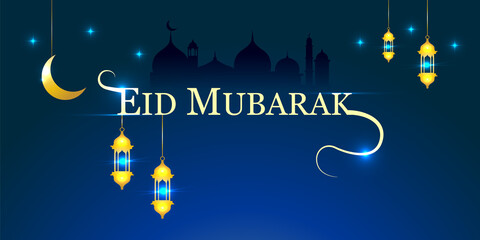 Happy Eid Mubarak festive greeting card with moon and stars. Golden shiny background with lantern and mosque for brochure, flyer, poster, website banners and social media post.