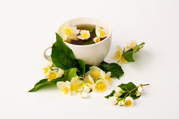 Jasmine flowers whith cup of tea on white background. Space for text