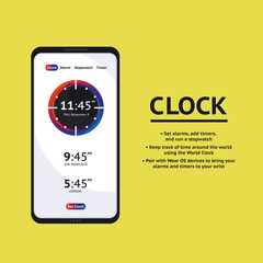 Timer clock mobile application interface. Alarm stopwatch timer ui mobile phone.