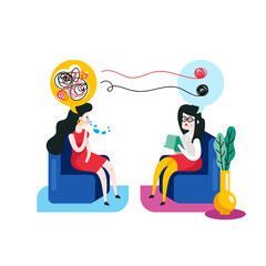 Psychotherapy concept. Woman at a psychotherapy session with a psychotherapist vector illustration.
