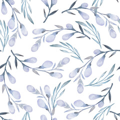 Delicate floral watercolor pattern with light blue buds and sprigs on a white background. Perfect for a wedding
