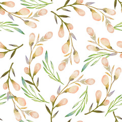 Delicate floral watercolor pattern with rosebuds and sprigs on a white background. Perfect for a wedding