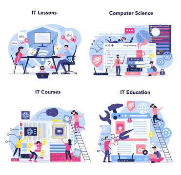 IT education set. Student write software and create code for computer.