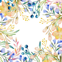Floral background with hand painted watercolor flowers and branches in pink, blue, yellow colors. Decorative floral background perfect for card making, wedding invitation and DIY project