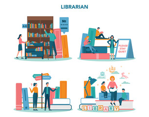 Librarian concept set. Library staff holding and sorting book. Knowledge