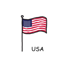 hand drawn sketchy USA flag on the flag pole. Stock Vector illustration isolated on white background.