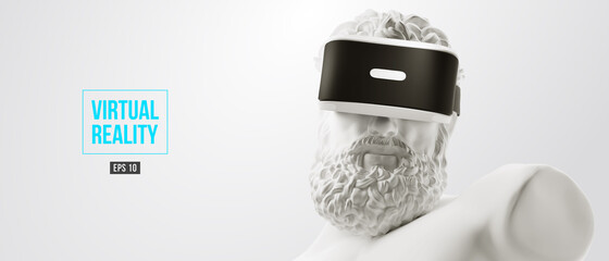 VR headset, future technology concept banner. 3d of the white statue of Hercules, man wearing virtual reality glasses on white background. VR games. Vector illustration. Thanks for watching - obrazy, fototapety, plakaty