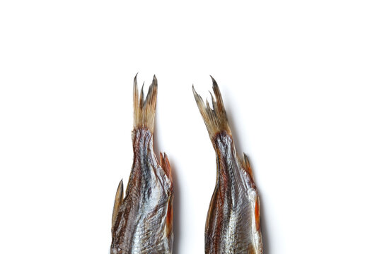 Two jerky or dried salted taranka tails, tasty clipfish isolated on white background. Popular beer snack. Traditional way of preserving fish. Close up