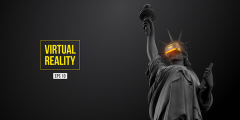 VR headset, future technology concept banner. 3d of the black statue of Liberty, woman wearing virtual reality glasses on black background. VR games. Vector illustration. Thanks for watching
