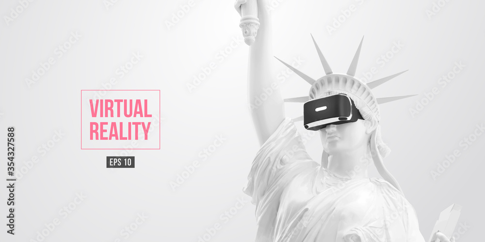 Wall mural VR headset, future technology concept banner. 3d of the white statue of Liberty, woman wearing virtual reality glasses on white background. VR games. Vector illustration. Thanks for watching